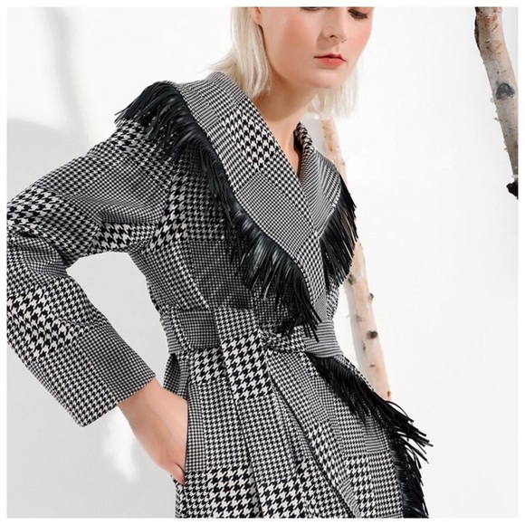 🎁 Houndstooth Microfiber Fringe Long Jacket - Picture 5 of 8